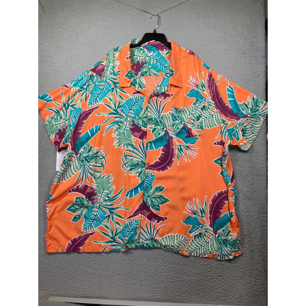KS Island Hawaiian Shirt Mens 6XL Big Orange Tropical Leaf Rayon Short Sleeve
